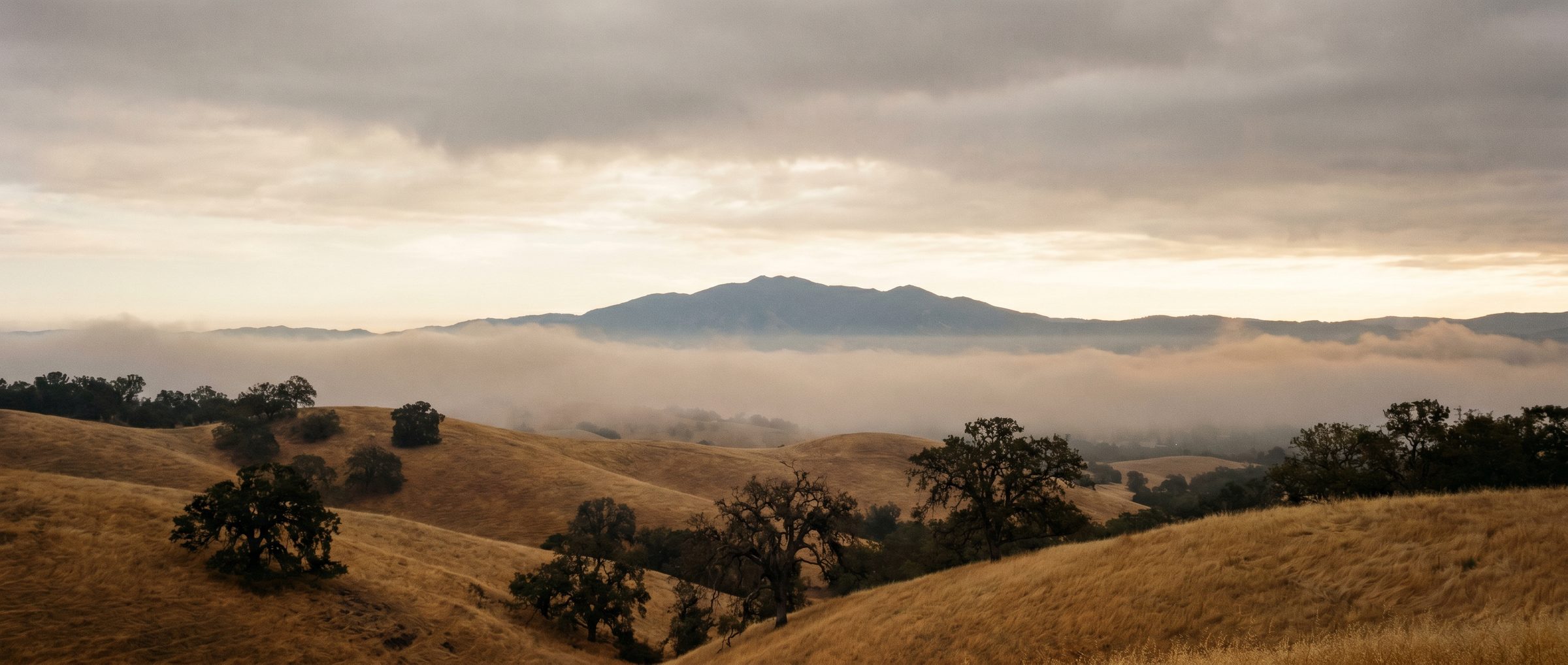 East Bay hills at first light, with Mount Diablo visible through morning fog